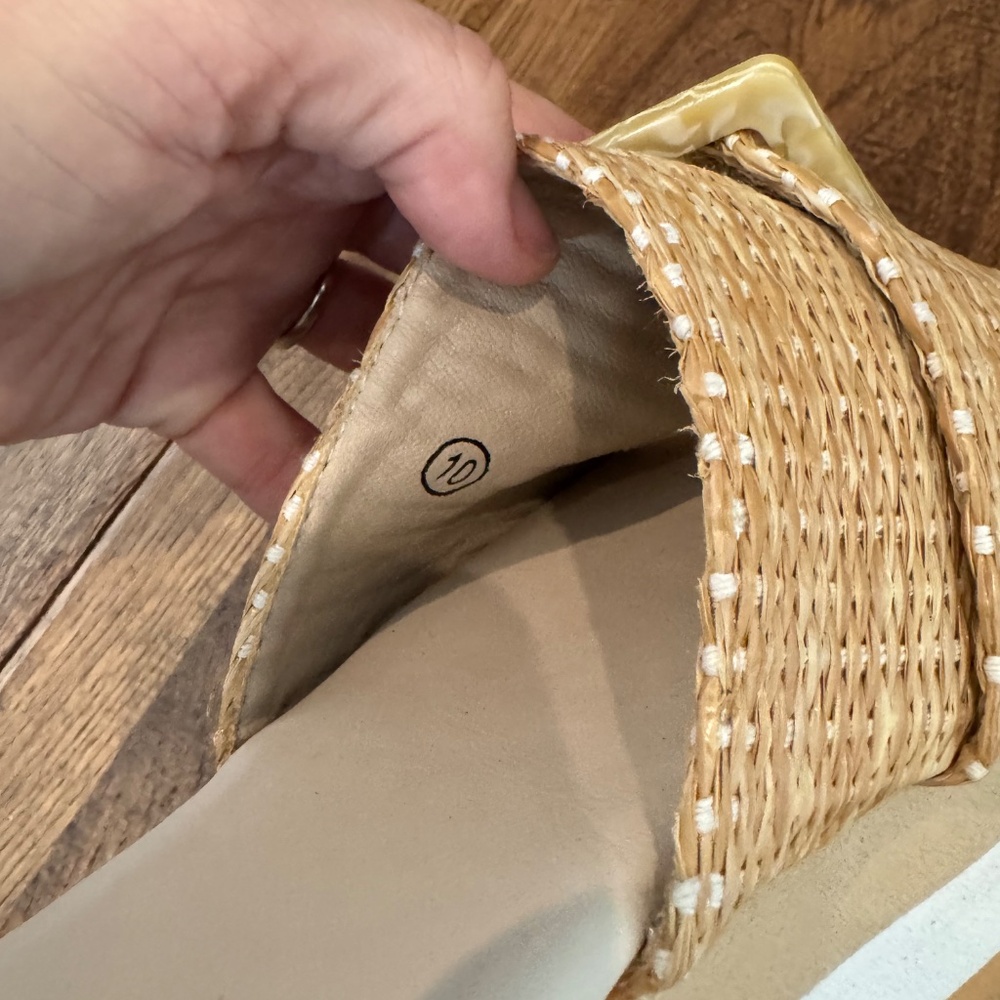 New Pierre Dumas Saint Wedge Sandal Slide Woven Tortoise Buckle Size 10 - Picture 8 of 9